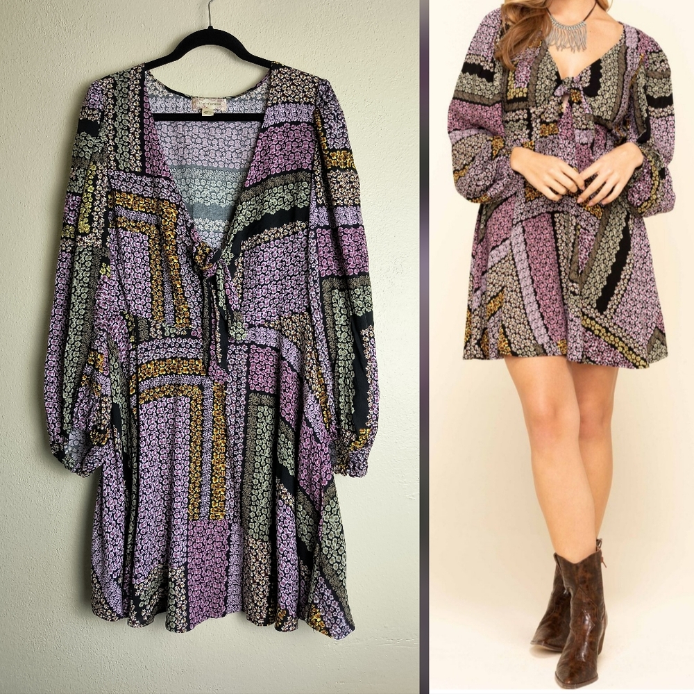 Band of Gypsies Size L Purple and Gold Ruffled Tie Front Sundress
